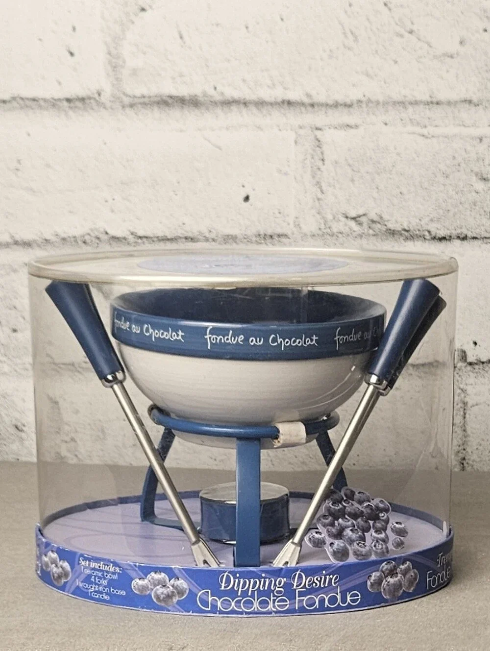 Vintage Jo!e Dipping Desire Chocolate Fondue Set NIB Blue Ceramic Bowl Forks NIB